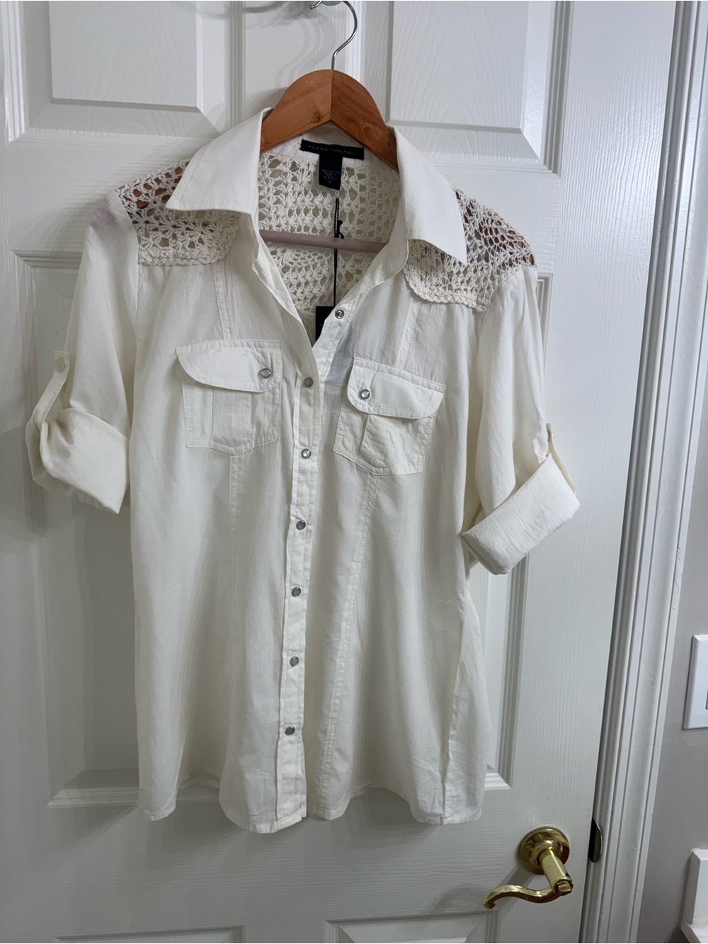 Elena Solano Women's Crochet Yoke Button-Front Cream color Top Size S